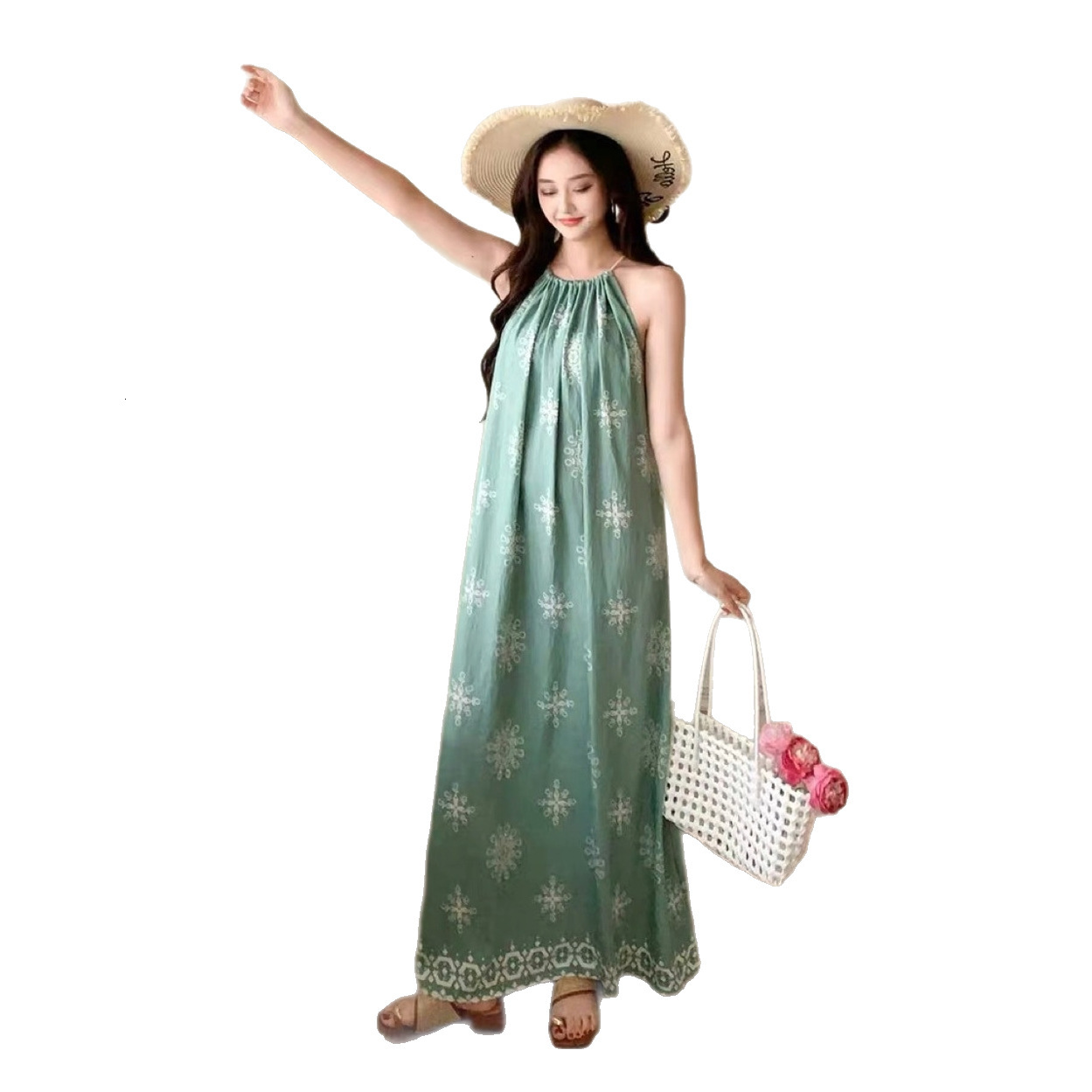 2025 Ethnic Style Xinjiang Loose Retro Printed Tie Strap Vacation Plus Size Summer Dress