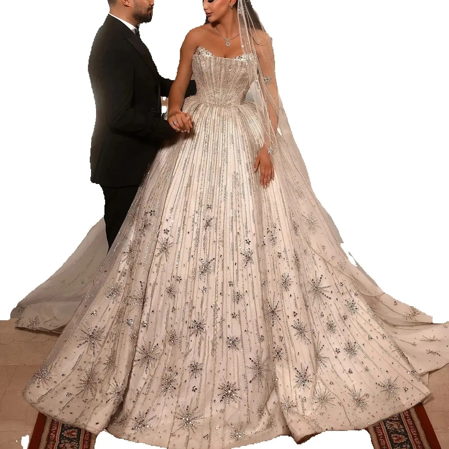 Exquisite Strapless Crystal Wedding Dress Ball Gown Elegant Beading Lace Bridal Dress Customized Sleeveless vestidos de novia
