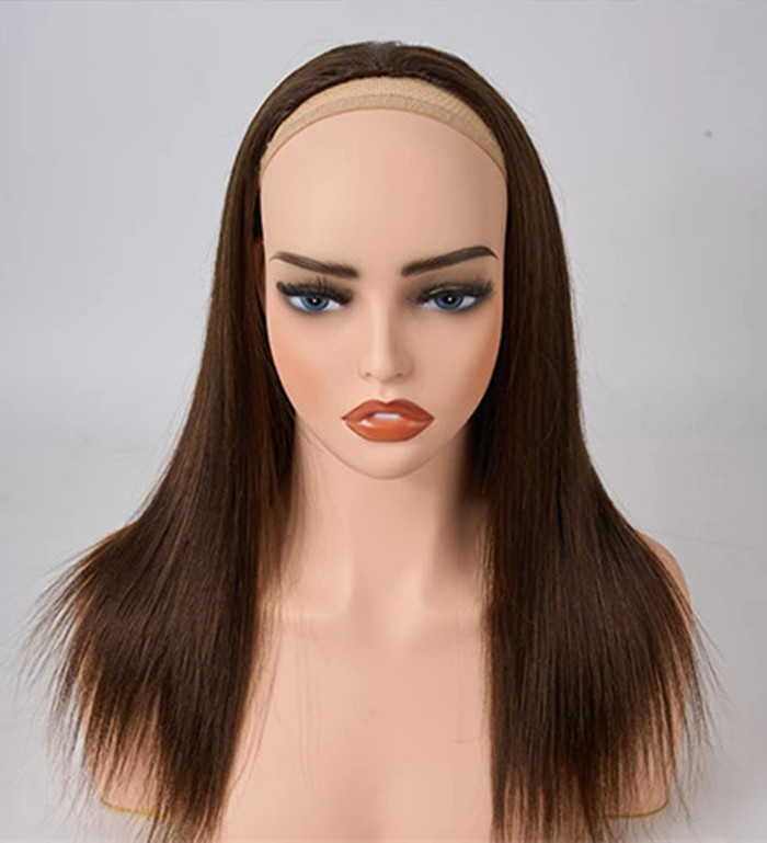 3/4 Half Wig Human Hair With Clip in Hair weave wig glueless Silky Straight wavy Remy Hair Brown Color Soft 150% density For Women