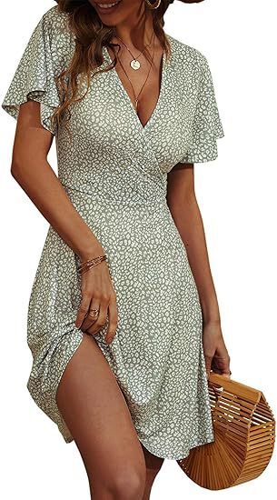 2025 European and American Cross-Border Women's Summer Floral Short Sleeve Wrapped V-Neck A-Line Midi Dress Print