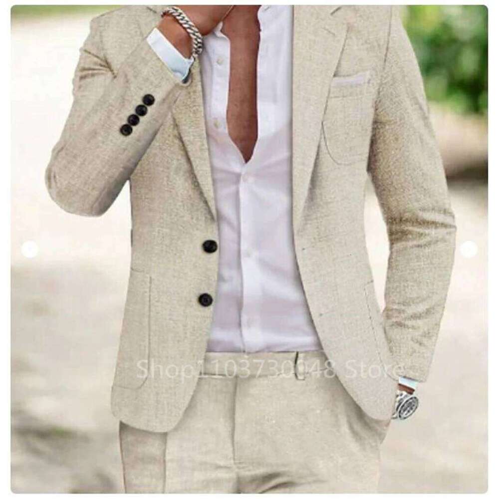 Light Blue/Beige Linen Summer Men Suits Notch Lapel Slim Fit Two Buttons Blazer Pants Groom Tuxedos Wedding Prom 2 Piece Sets
