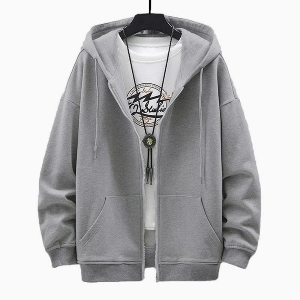 US Size Zipper Autumn Hooded Sweatshirt Men's Hoodie Cardigan Solid Color Classic Jacket