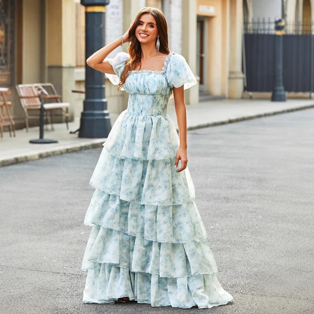 2025 Pastoral Style Sweet Cake Dress European and American Puff Sleeve Short Tie Waist Solid Color Floral Fairy Long