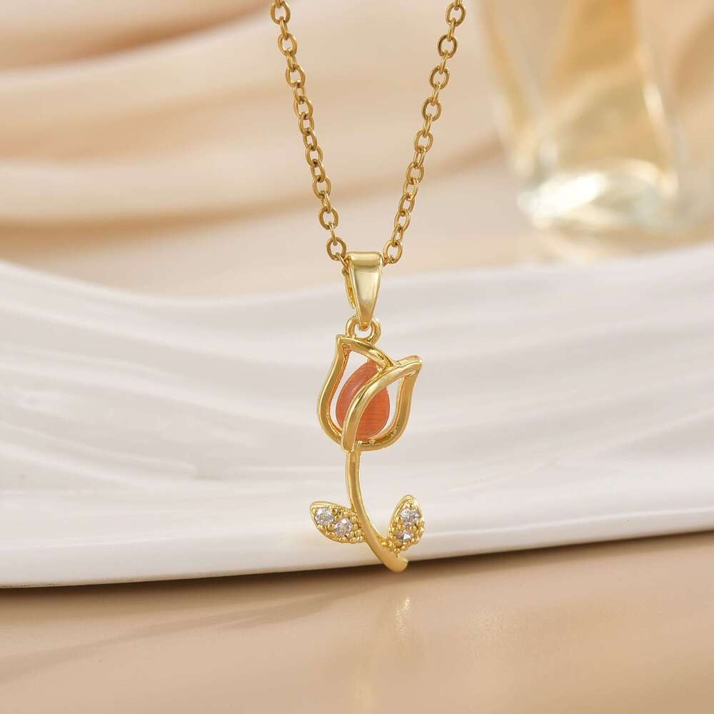 Titanium Steel For Women With Tulip Flower Pendant, Niche Light , High-End Feel, Versatile Collarbone Necklace 775