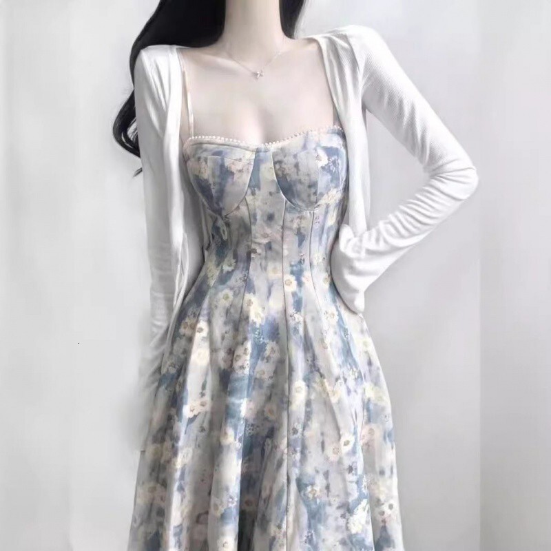 2025 2024 Summer New French Style Blue Oil Painting Design Fairy Floral Strap Dress for Women Gentle Waist-Cinching Long
