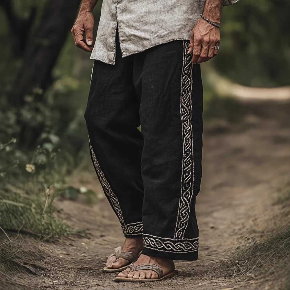 2025 Men Spring Autumn Linen Casual Long Vintage Pants Men Print Ethnic Sports Elastic Waist Tie-up Sweat Pants Street Clothing y250716