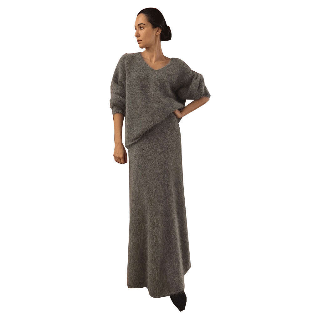 Faux Mink Knit Autumn Winter New Lazy V-Neck Sweater Fishtail Skirt Set B5