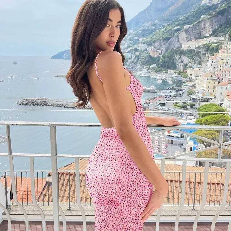 Long Floral Suspender Dress Summer Sexy Backless Slimming Beach Dress Fashionable Simple Printed Banquet Womens Clothing R250716