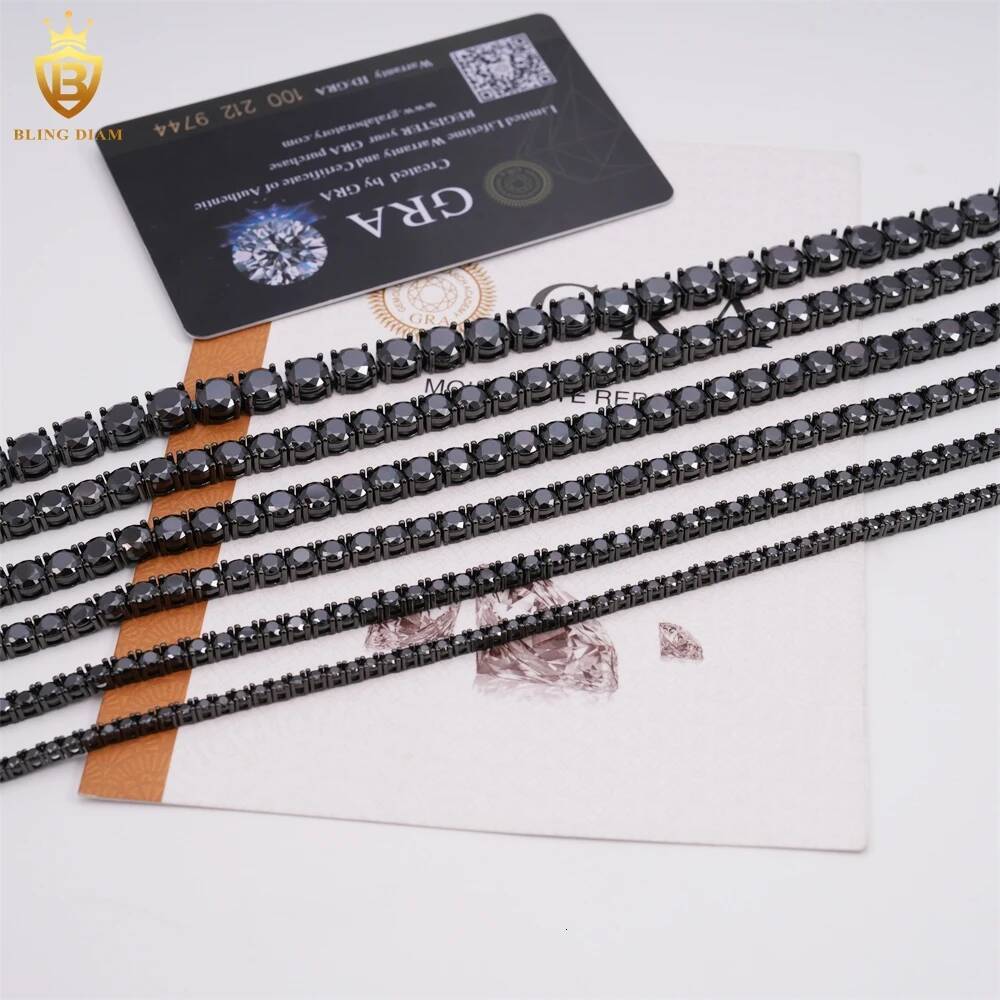 2-5mm Tennis Chain S925 Silver Inlaid vvs Black Moissanite Hip Hop Necklace With Certificate