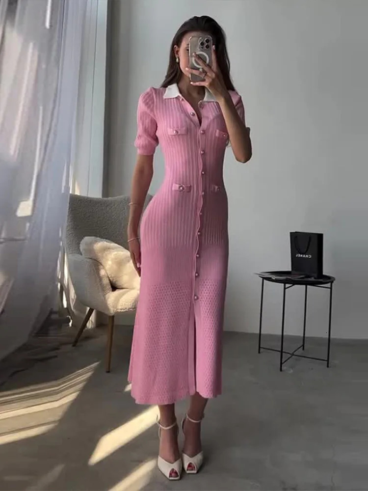 Knit Solid Women Dresses Half Sleeve Lapel Female Maxi Dress Elegant Fashion Pocket Single Breasted Lady Dresses 250715