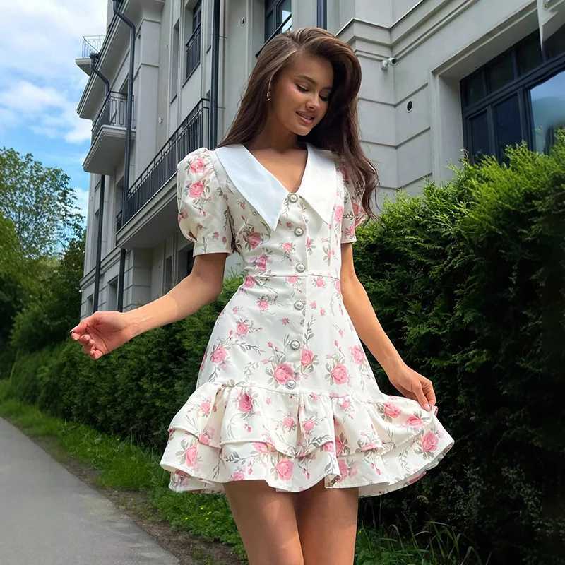 Turnova Print Puff Sleeves Ruffled Dress Womens V-Neck High Waist Pearl Buttons Mini Dress Female Casual Vacation Fashion Dress R250716