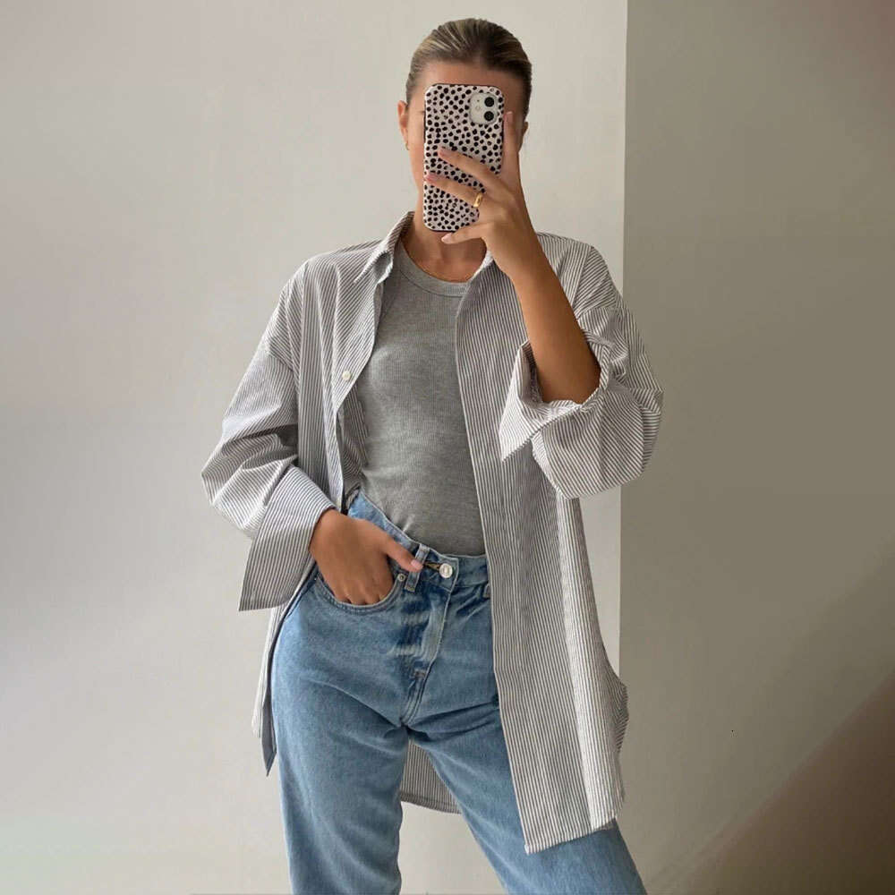 Shirt Summer New Simple High-End Hidden Button Long Sleeve Striped Cardigan B5