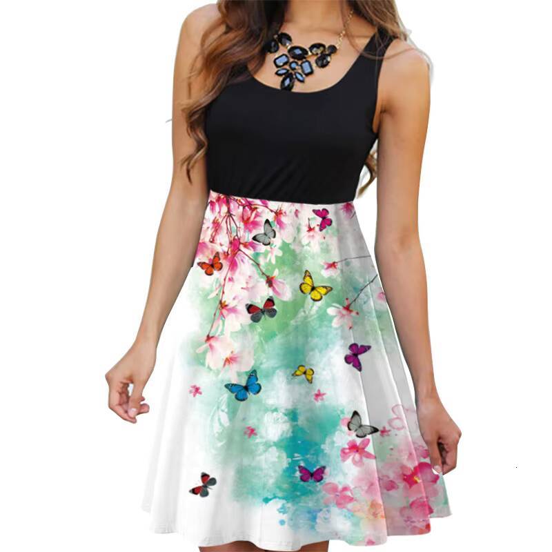 Retro Butterfly Feather Print Sundress Summer Women Fashion Sleeveless Patchwork Mini Party Dresses LRFZ-6818 dongdumaoyi