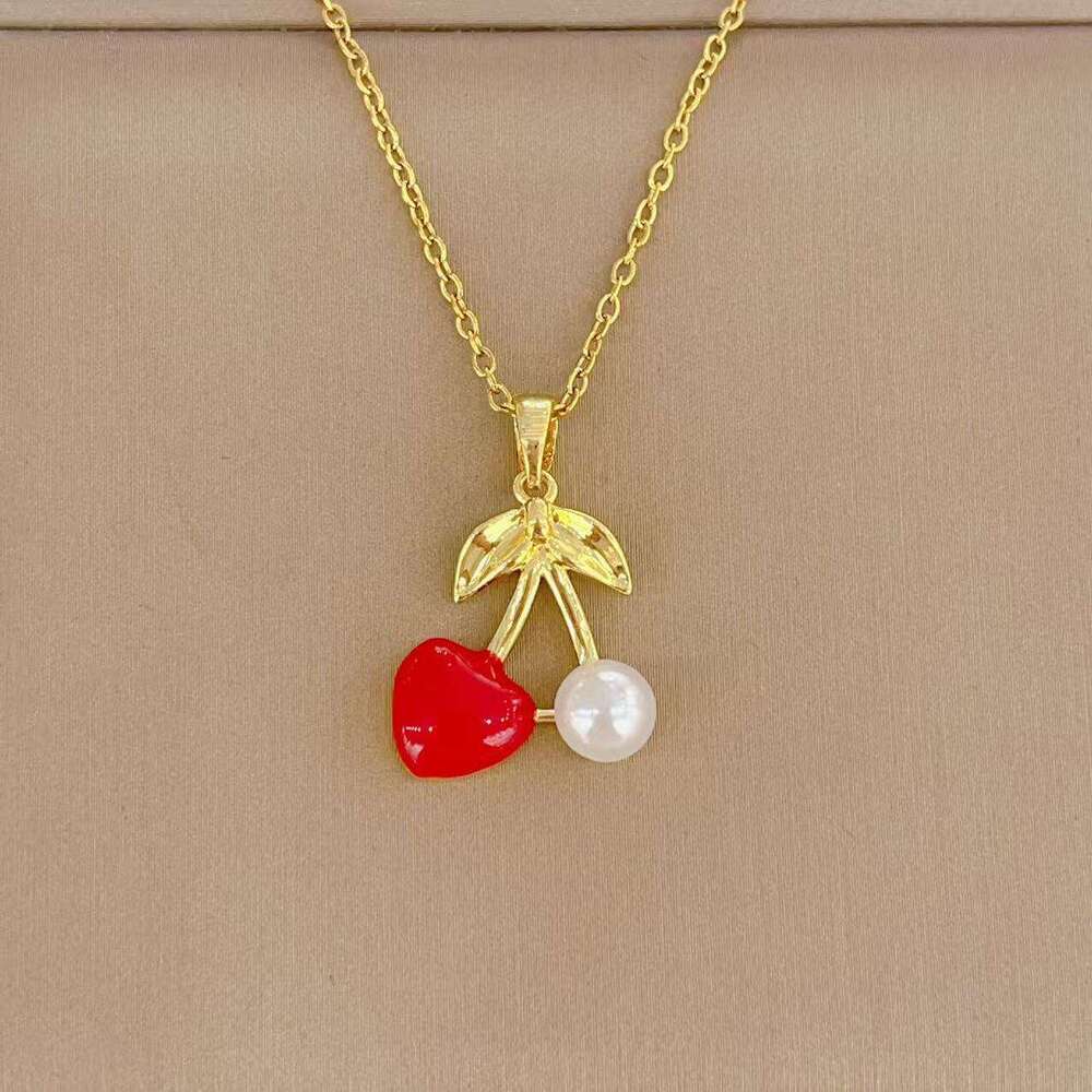Necklace For Women Copper Inlaid With Zircon Red Cherry Pendant Fashionable Fresh High-End Clavicle Chain Accessory 653