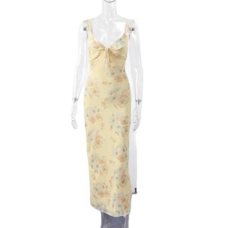Summer Flower Printed Women's Sexy Low-cut Dress Sleeveless Backless Slim Sling Dresses 2025 Beach Vacation Lady Vestidos 0716