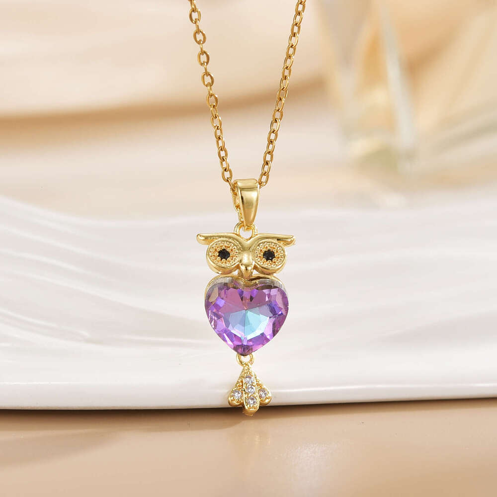 Micro-Inlaid Full Zircon Crystal Owl Pendant Necklace Titanium Steel Non-Fading Collarbone Chain B5a
