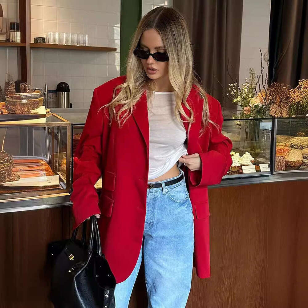 Summer New Style Elegant Padded Shoulder Loose Turn-Down Collar Pocket Red Blazer Jacket B5