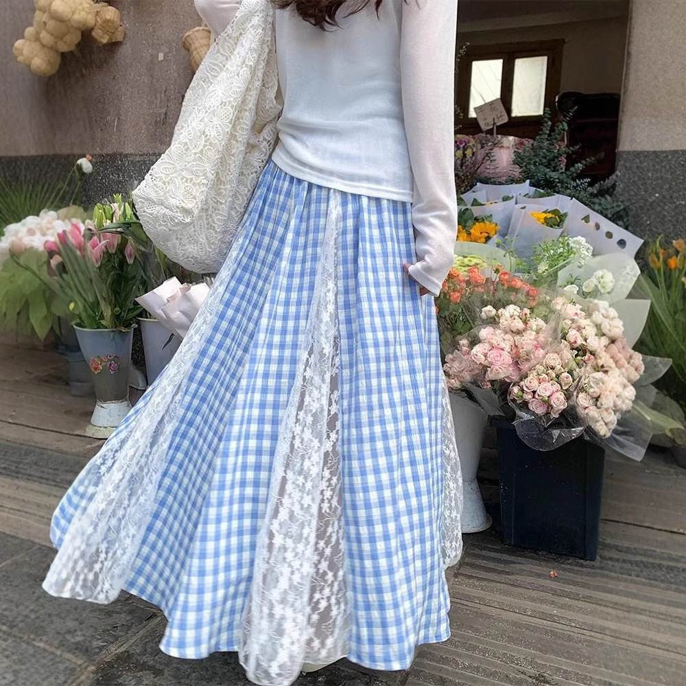 2025 Plaid Patchwork Lace Midi Skirt for Women Spring Korean Style Elegant Slimming Design A-line Long