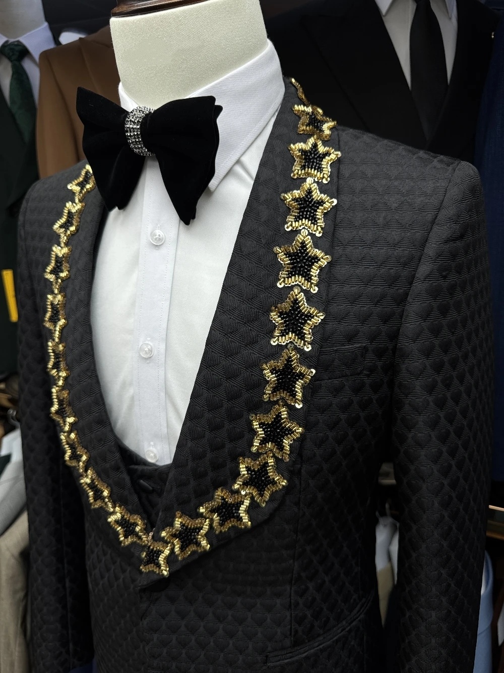 Vintage Men Suits Tailor-Made 3 Pieces Shawl Lapel Jacket Beading Blazer One Button Air Cotton Groom Customized Coat Vest Pants Plus Size