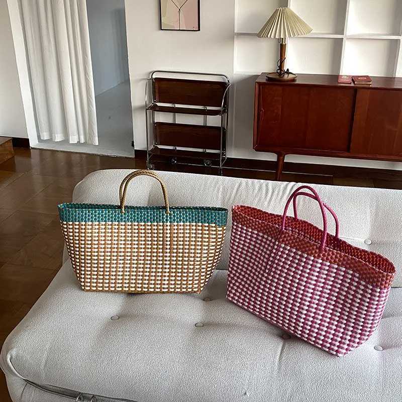 Hylhexyr Woman Woven Beach Bag Color Block Large Capacity Vegetable Basket Tote Bags Hand Woven Handbag