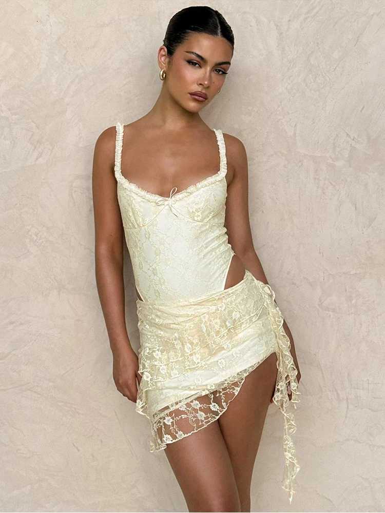 2 Piece Women Low-Neck Sleeveless Bodysuits+Ruched See Through Tassel Skirts Elegant Jacquard Weird Puss Beach Party Trend Suits R250716