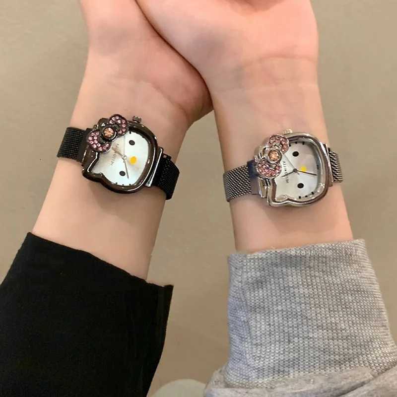 Sanrio Hello Kitty Diamond Watch Cat Bow Kawaii Pink Ladies Gold Silver Metal Jewelry Cartoon Magnetic Watch Girlfriend Birthday w250716