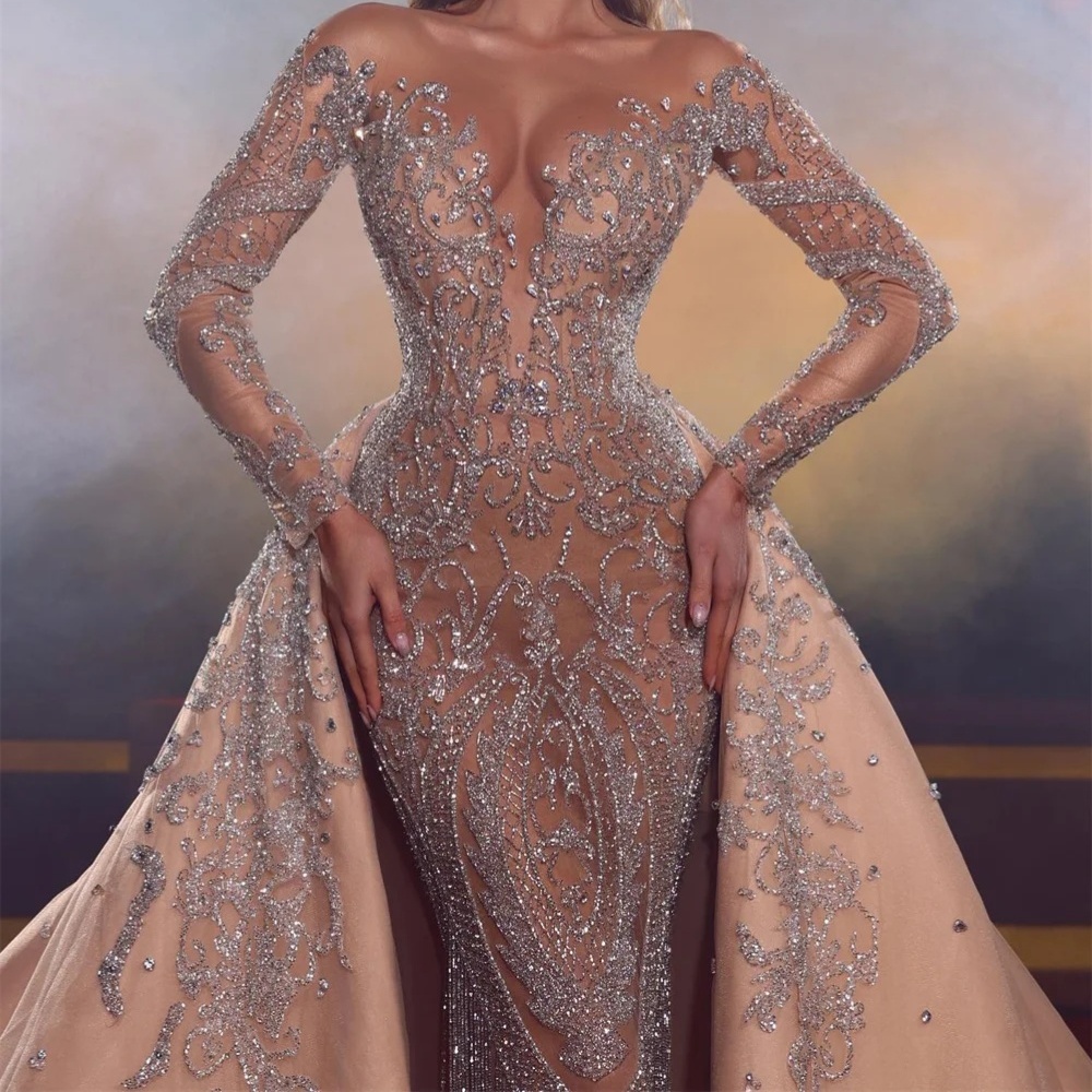 Gorgeous Crystal Mermaid Wedding Dresses O Neck Beaded Sequins Long Sleeve Bride Dress Detachable Sweep Train Bridal Dress Customized