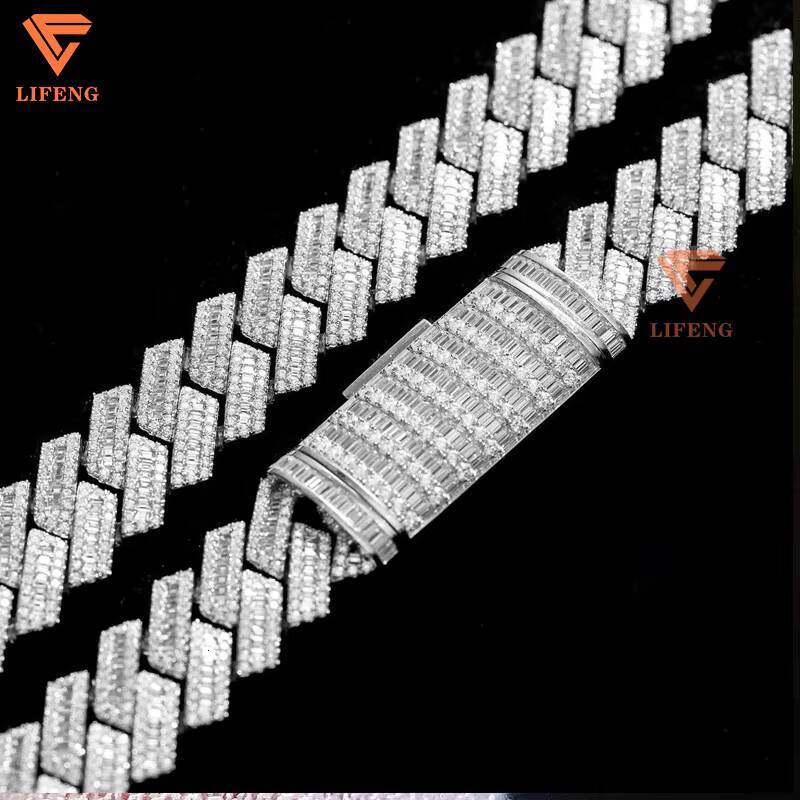 Lifeng Jewelry Mens S925 Hip Hop Cuban Link Chain VVS Moissanite IECD Diamond Necklace White Gold Plated