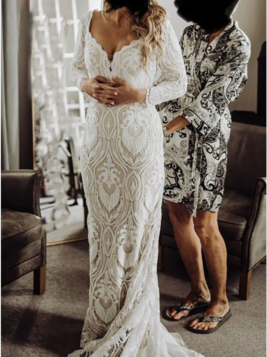 Boho Full Lace Wedding Dresses Sexy Appliques Sheath Long Sleeve Backless V Neck A Line Bridal Gown Sweep Train Custom Made Color/Size