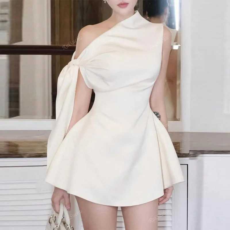 Sexy Sleeveless One Shoulder Mini Dress Lace Up Slimming High Waist Solid Mini Dresses Summer New Elegant Lady Party Clothing R250716
