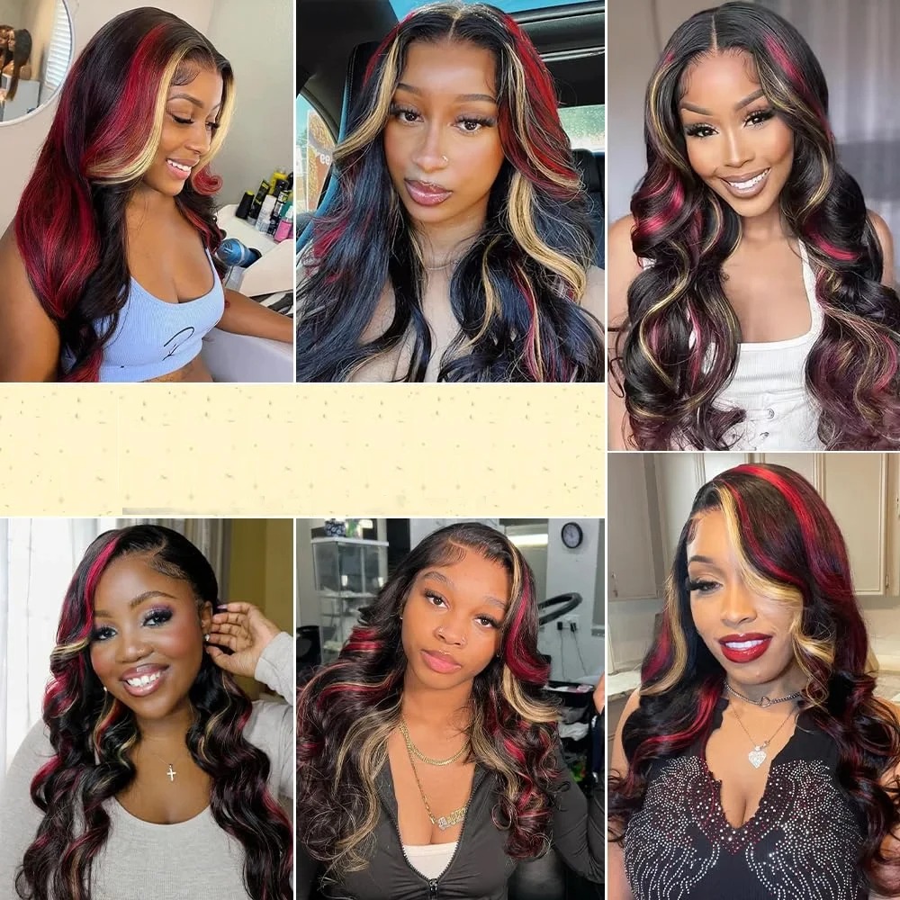 Black Red Blonde Highlights Lace Front Wig 13x4 HD Body Wave Wig Lace Front Wigs Highlight Wigs Pre Plucked with Baby Hair Synthetic Lace Frontal Wig