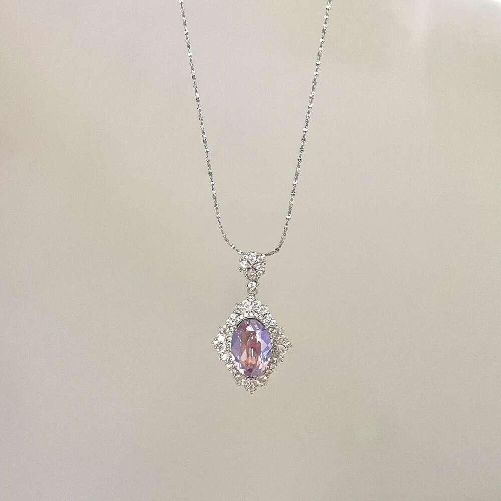 S Pure Sier French Style Brilliant Violet Ice Flower Zircon Necklace Pigeon Egg Oval Pendant Full Dia Collarbone Chain Multiple Styles