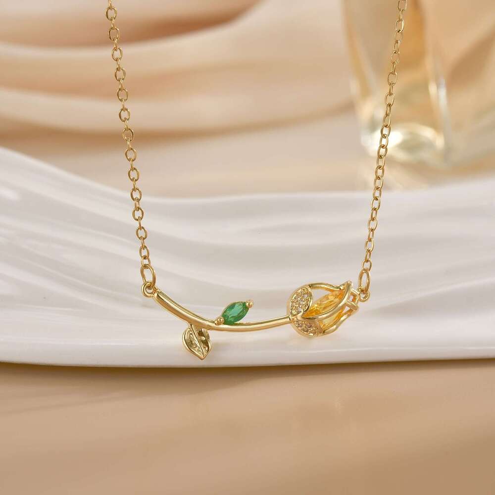 Korean Style Titanium Steel Necklace For Women, Colorful Tulip Micro Inlaid Zircon, Light Niche High-End Feel, Non-Fading Jewelry Accessories D26
