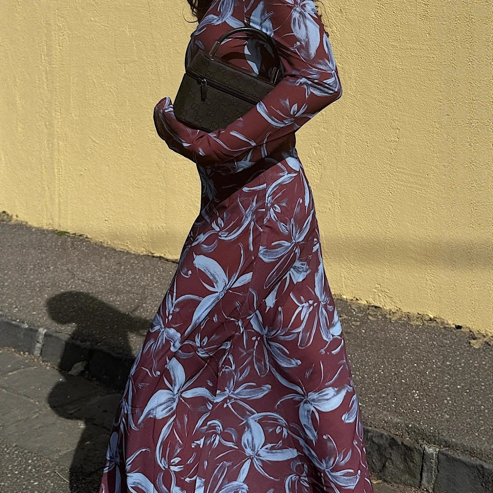 2025 Cross-Border European and American Women's Fashion New Round Neck Elegant Printed Long Floor-Length Slim Dress for Women