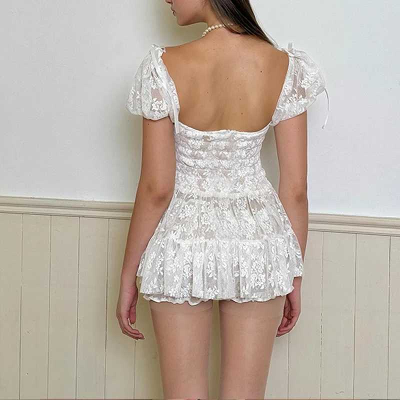 Sexy Hollow Out Lace Patchwork Mini Dress Y2K Summer Square Neck Low Cut Slim Dress Fashion Hot Girls Party Evening Dresses R250716