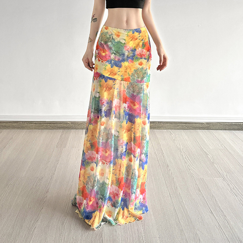 2025 Summer Color Oil Painting Style Gradient Print Mesh Bodycon Skirt for Women Color-Block Slimming Ruffled Hem Midi
