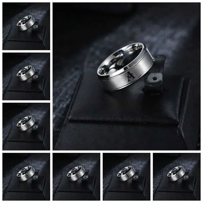 1 pc of fashionable 26 English letter ring double beveled frosted double line mens stainless steel ring S250716