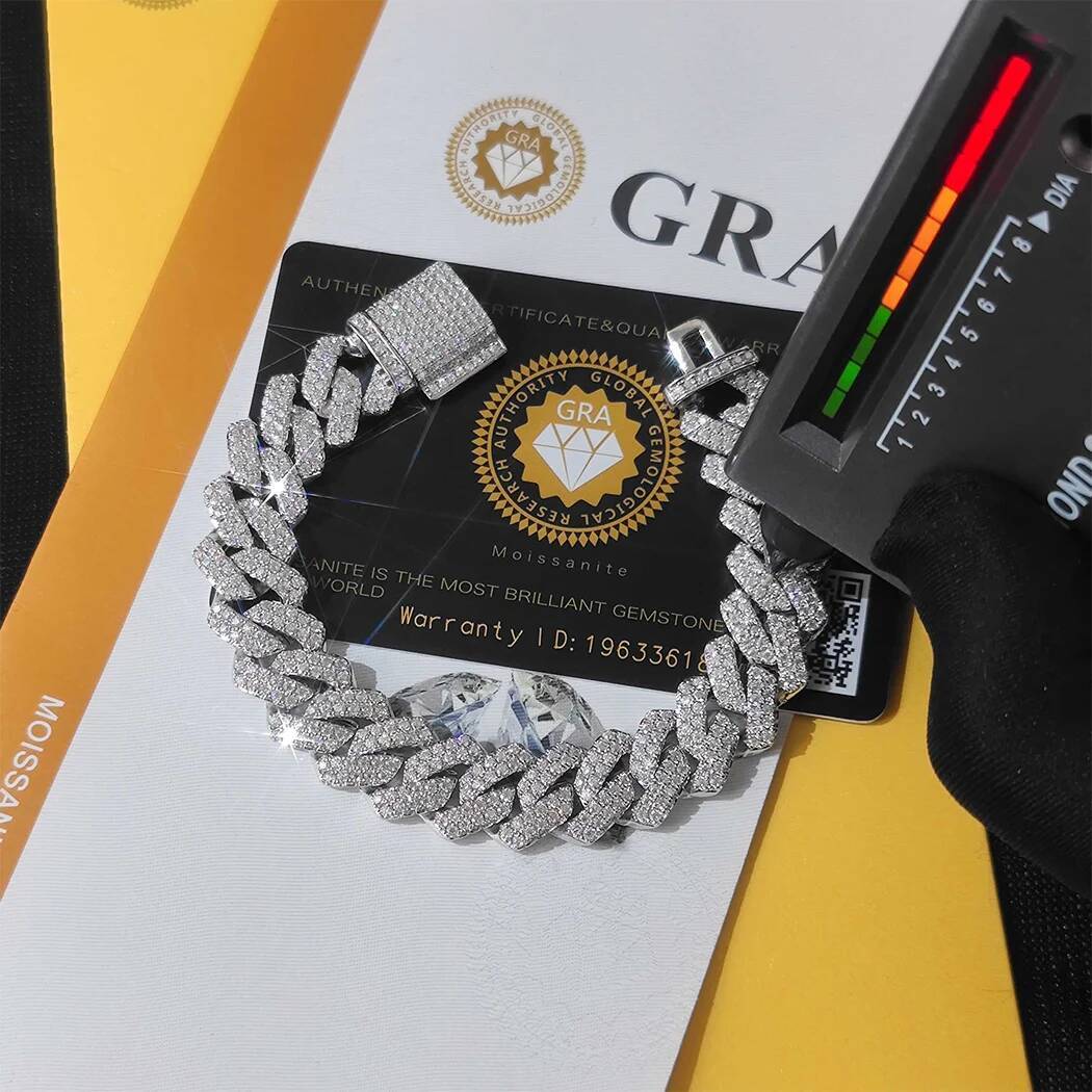 Fine Jewelry Iced Out VVS Moissanite Cuban Bracelet 925 Sterling Silver Hip Hop Jewelry 14mm Width Bling Diamond Bracelet Men