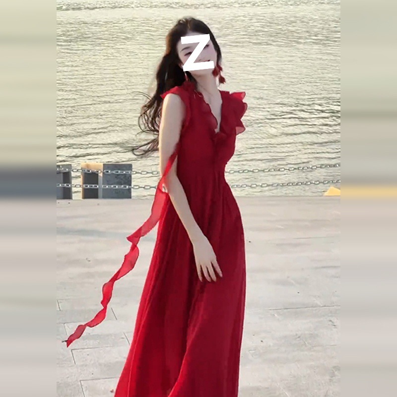 2025 French Style Green Small Flutter Sleeve Dress for Women Summer New Beach Vacation Beautiful Waist-Cinching Long