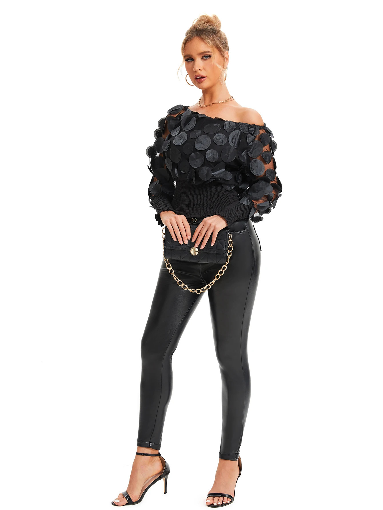 Applique Slant Shoulder Blouse Elegant Long Sleeve Blouse For Spring Fall Womens Clothing 250715