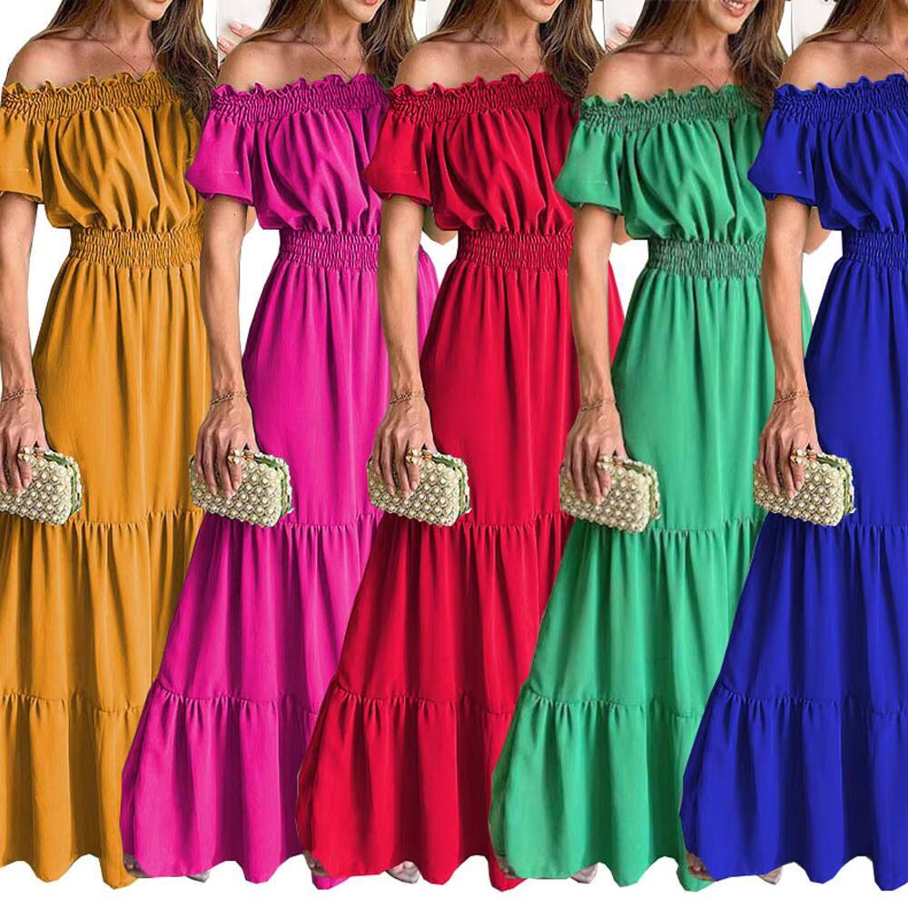 Sexy Slash Neck Short Sleeve Pleated Maxi Long Dress Summer Female Boho Red Loose Vestidos TCFS-1175 dongdumaoyi