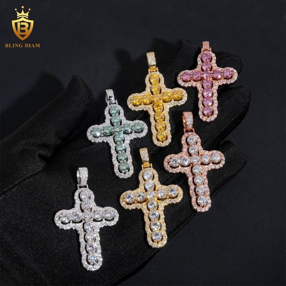 Colorful Moissanite Cross Pendant 925 Silver GRA certification Suitable for 3mm Tennis Chain