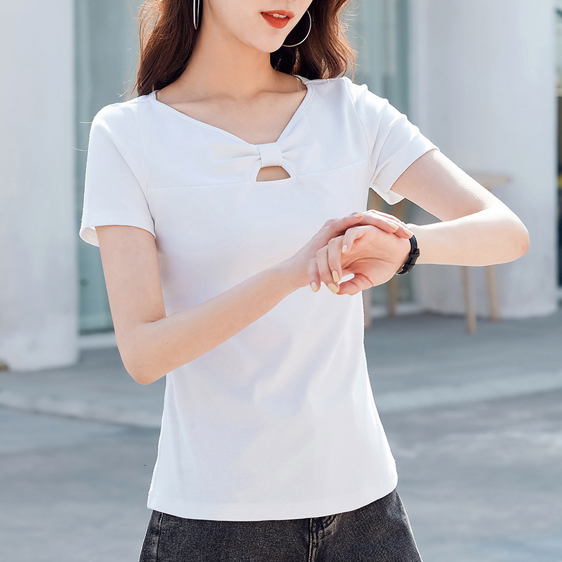 Summer New Women S T Shirt Hollow Chest Bow Sweet Korean Style Slim Fit Cotton Short Sleeve Women S T Shirt Fashion Regular Shoulder Half Sleeve Top N
