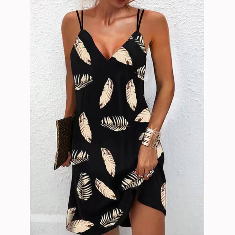 Summer Printed Beach Spaghetti Dress For Womens Fashion Sexy V Neck Plus Size S-5XL Loose Sleeveless Casual Female Vestidos dongdumaoyi