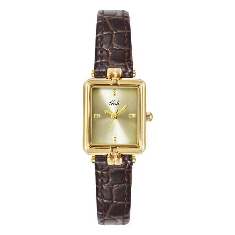 Retro High-End Ladies Brand Simple Gold Square Plate Waterproof Leather Strap Fashion Quartz Clock Wristes Gift Y250715