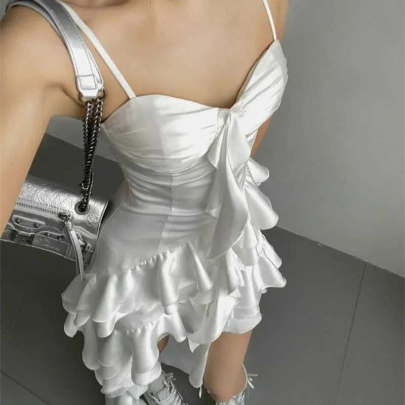 2025 Elegant Ruffle Hem High Low Dress Womens Sleeveless Spaghetti Strap White Gothic Vintage Fairycore Aesthetic Midi Dress R250716