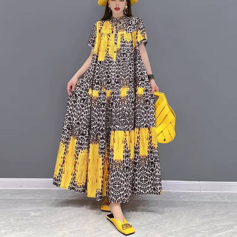 Korean Style Painting Fashion New Woman Summer Casual Loose Fit Yellow Blue Leopard Printed Long Boho Dress Robe JJXD071 dongdumaoyi