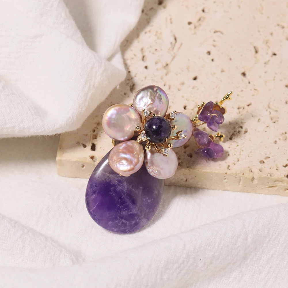 Natural Pearl Amethyst Baroque Flower Branch Brooch Korean Womens Jewelry Fashion Womens and Girls Gifts GO0580 250712