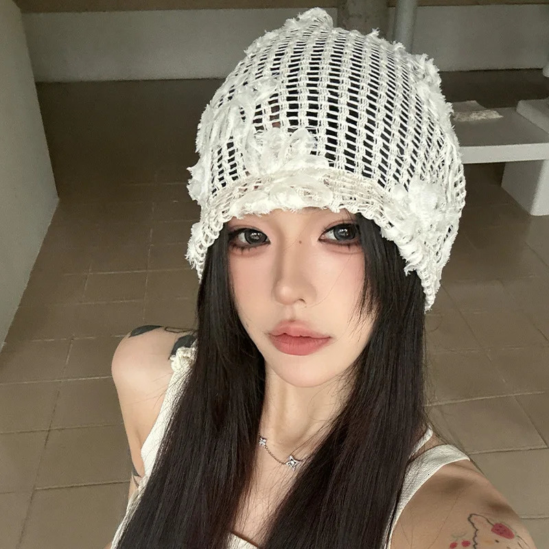 Spring Summer Korean Crochet Pullover Hat Outdoor Travel Fashionable Versatile Sweet Hollow Breathable Beanies Cap 250715