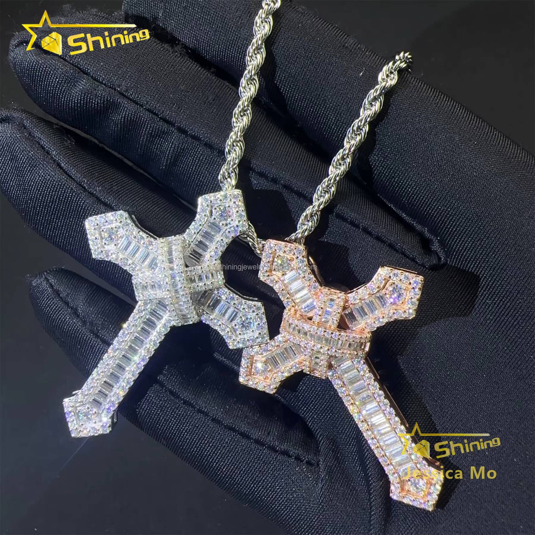 New Arrivals Bulk Stock Hip Hop Stylish Rapper Jewelry VVS1 Moissanite Baguette Diamond S925 Silver Iced Out Man Cross Pendant